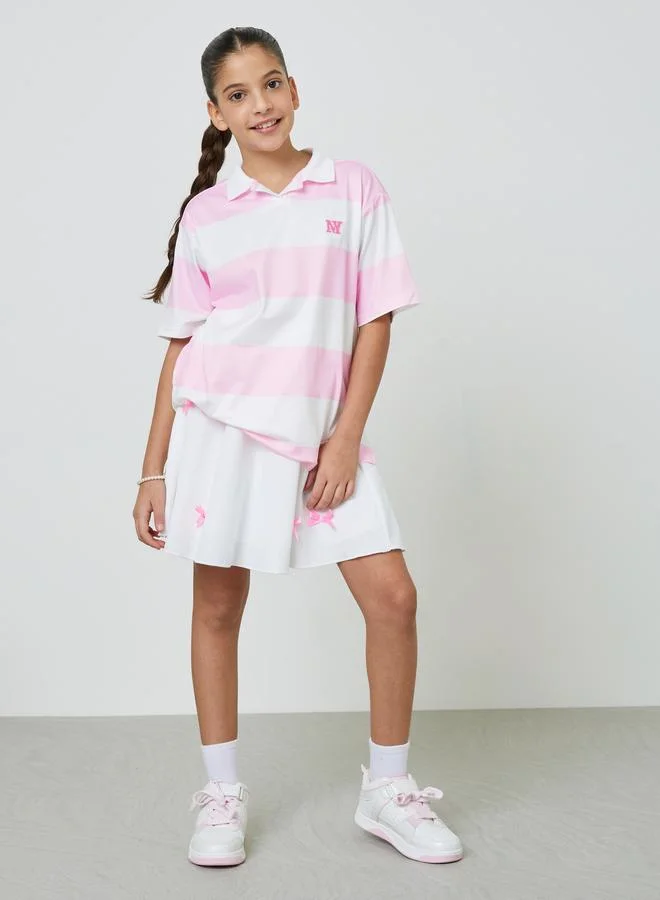 Styli Girls Pink Striped Oversize Polo T-Shirt