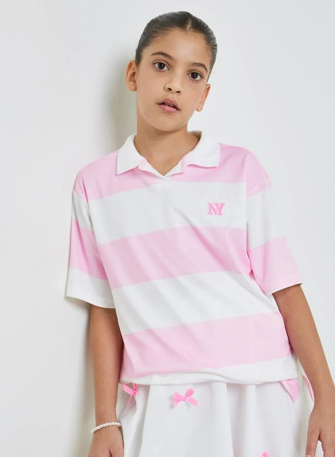 Styli Girls Pink Striped Oversize Polo T-Shirt