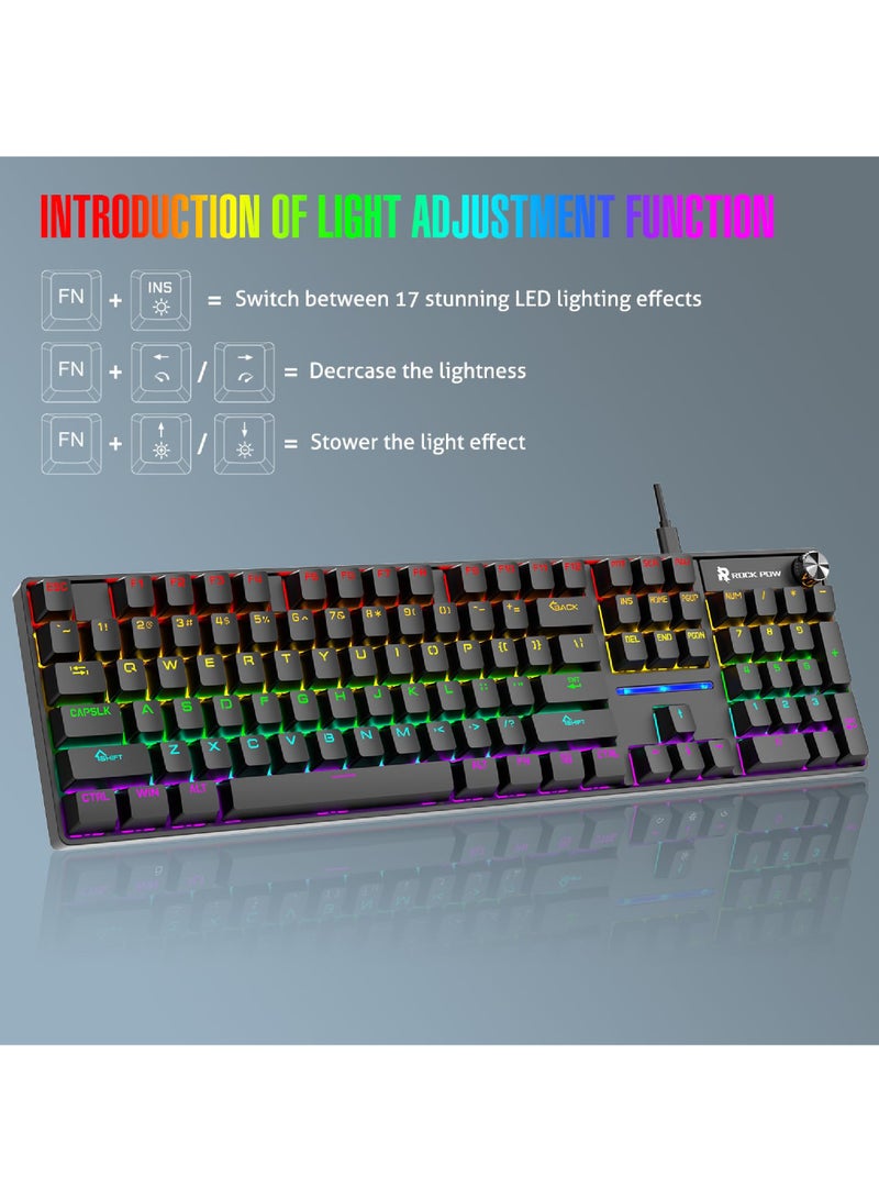 Rock Pow ROCK POW Wired Gaming Keyboard, English 104 Keys Mechanical Keyboard with RGB Backlit 19 Modes, Media Control Knob, PBT Keycaps for PC Gaming and Working (Red Switch)  - Image 4