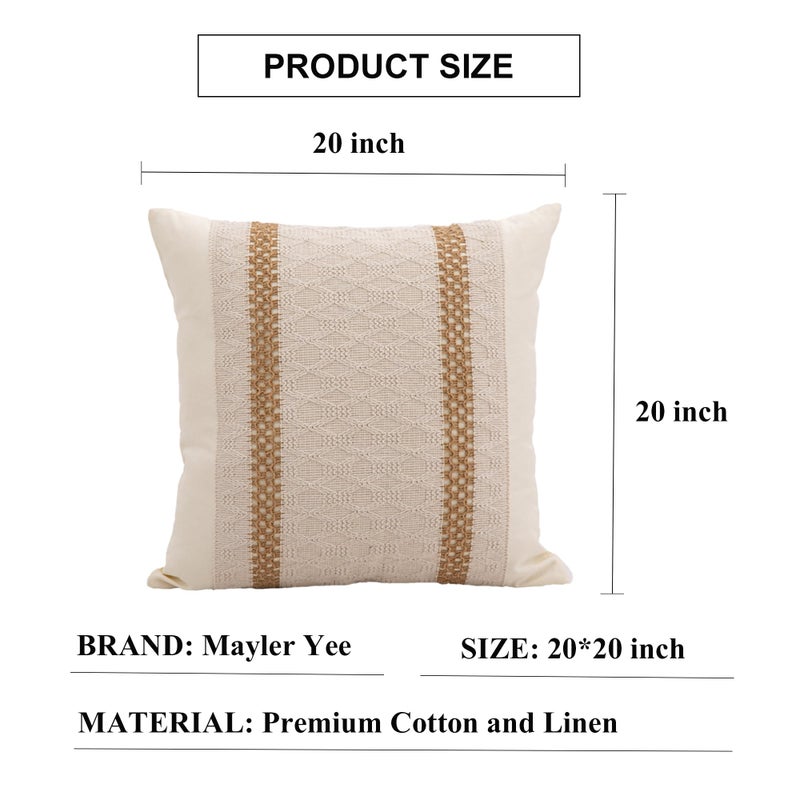 Mayler Yee Throw Pillow تغطي 20 × 20 بوصة 1pc لمزرعة غرفة المعيشة القطن والخيش المحكم مخطط أغطية وسادة بوهو المنسوجة (البيج والبني المزدوج المخطط) - Image 3