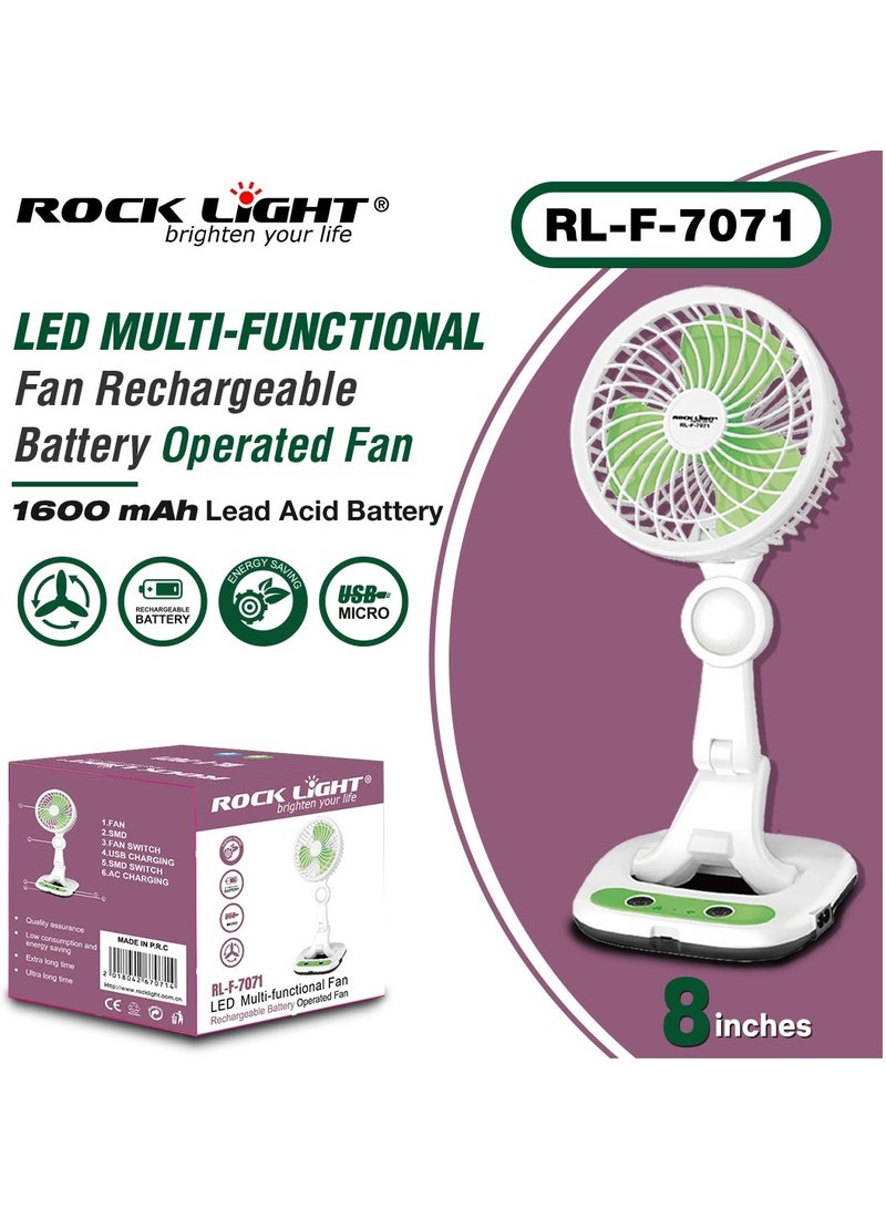 8" LED Multi-Functional Fan RL-F-7071, Rechargeable Battery-Operated Fan, 1600 MAH Lead Acid Battery, Micro USB Charging, Energy Saving