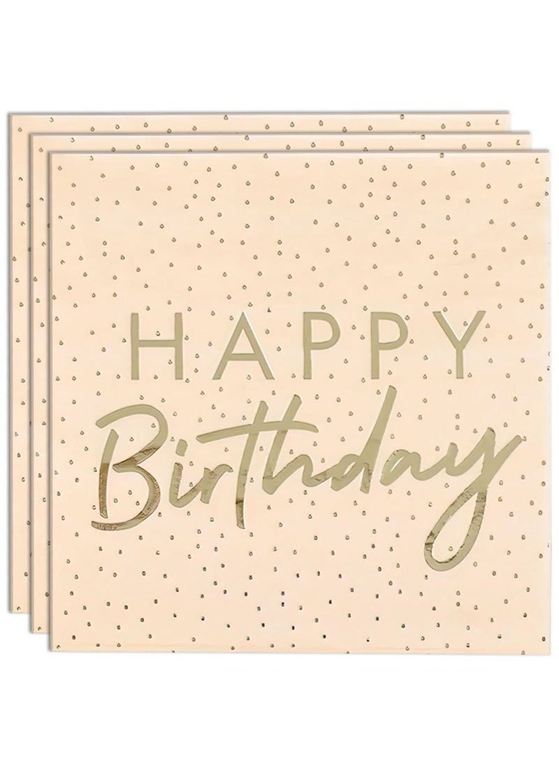 Ginger Ray Polka Dot Happy Birthday Napkins Peach Gold 33cm 16-Pack - Image 1