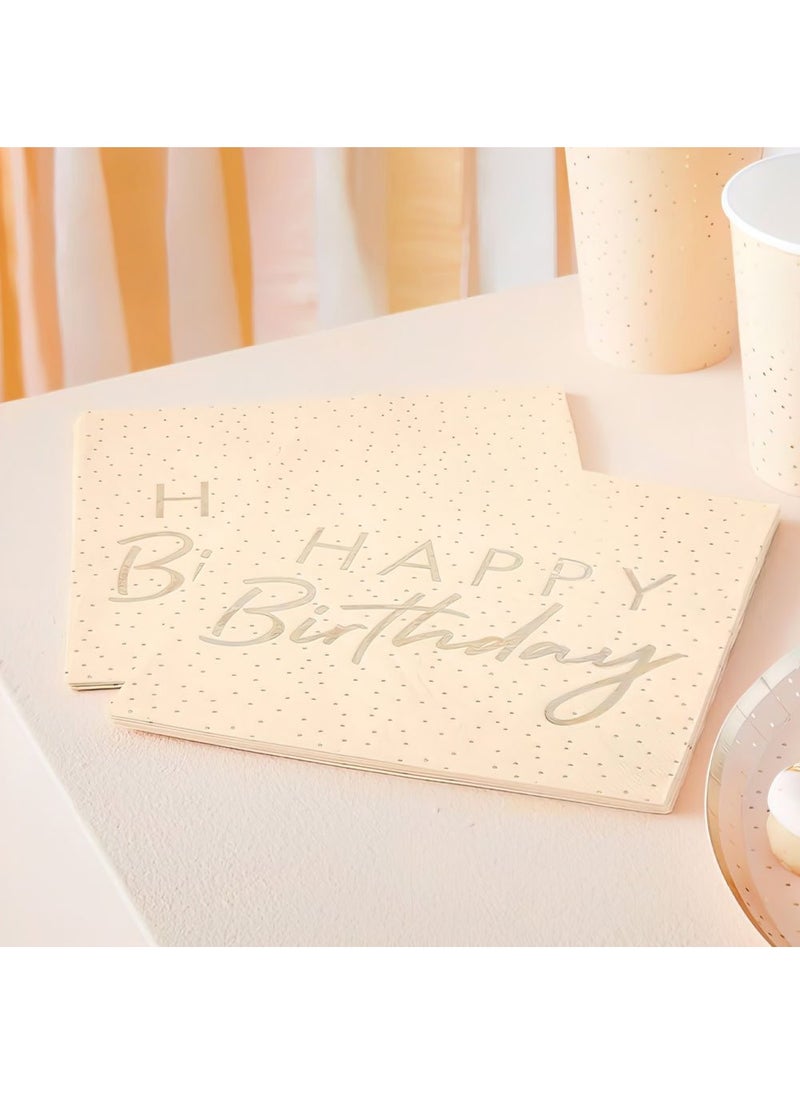Ginger Ray Polka Dot Happy Birthday Napkins Peach Gold 33cm 16-Pack - Image 2