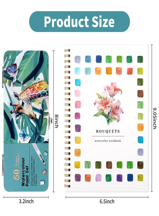 Joyask Watercolor Workbook, Water Coloring Book, 12 Different Patterns of Original DIY Designs, 50 Colors Watercolor Paint Set with Palette and Brush, Beginner-Friendly Watercolor Workbooks (Bouquets) - Image 2