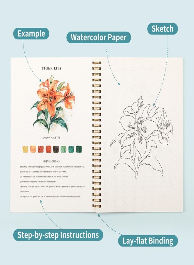 Joyask Watercolor Workbook, Water Coloring Book, 12 Different Patterns of Original DIY Designs, 50 Colors Watercolor Paint Set with Palette and Brush, Beginner-Friendly Watercolor Workbooks (Bouquets) - Image 4
