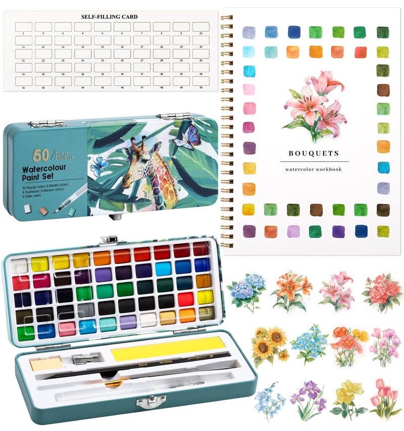 Joyask Watercolor Workbook, Water Coloring Book, 12 Different Patterns of Original DIY Designs, 50 Colors Watercolor Paint Set with Palette and Brush, Beginner-Friendly Watercolor Workbooks (Bouquets) - Image 1