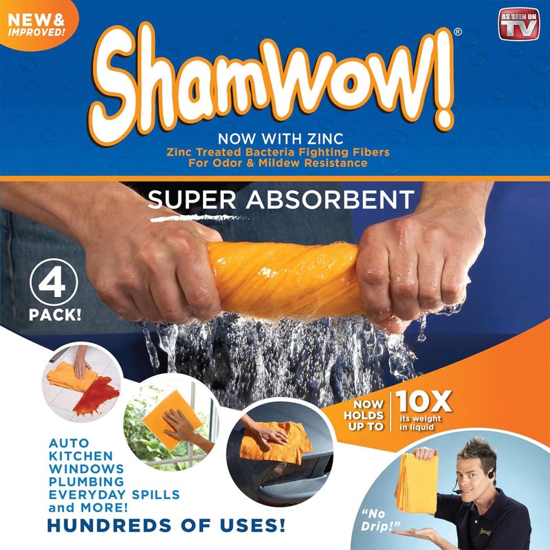 ShamWow Original Super Absorbent Multi-Purpose Cleaning Shammy Chamois Towel Cloth - Holds 10X its Weight in Liquid - Machine Washable - Will Not Scratch (4 Pack, Orange) - Image 2