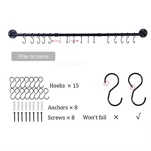 WuGeShop 50.4 inch Hanging Pot Rack Wall Mounted Pot Pans Hanging Rail, Industrial Long Pot Pan Bar With 15 S Hooks, Black Pot Hangers Kitchen Pot and Pan Hanging Rack - Image 3