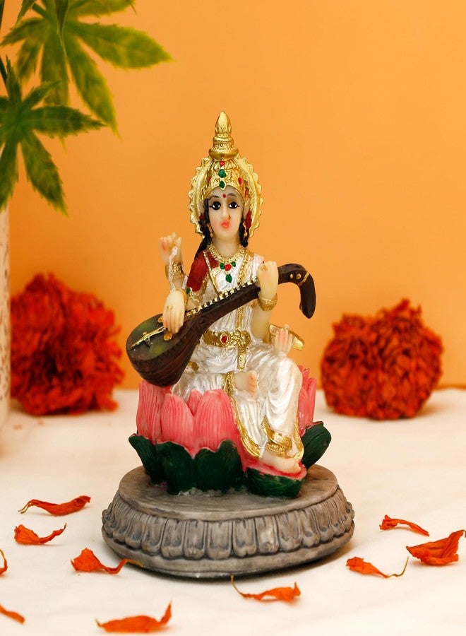 BangBangDa Small Saraswati for Car Dashboard - 3.9" H Lord Saraswati Statue for Vehicle Decor Polystone Indian God Birthday Diwali Father’s Day for Indian People Friend Altar Pooja - Image 2