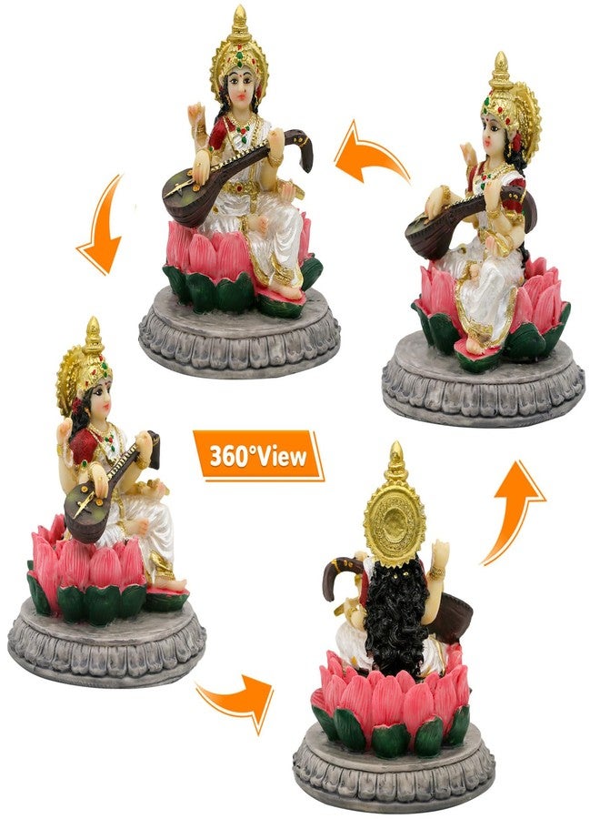 BangBangDa Small Saraswati for Car Dashboard - 3.9" H Lord Saraswati Statue for Vehicle Decor Polystone Indian God Birthday Diwali Father’s Day for Indian People Friend Altar Pooja - Image 3