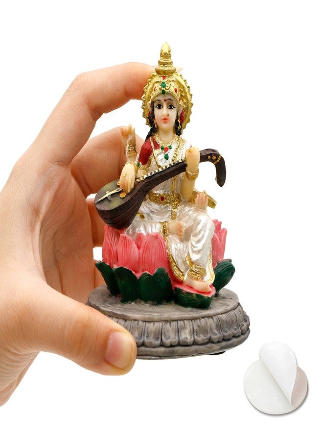 BangBangDa Small Saraswati for Car Dashboard - 3.9" H Lord Saraswati Statue for Vehicle Decor Polystone Indian God Birthday Diwali Father’s Day for Indian People Friend Altar Pooja - Image 1