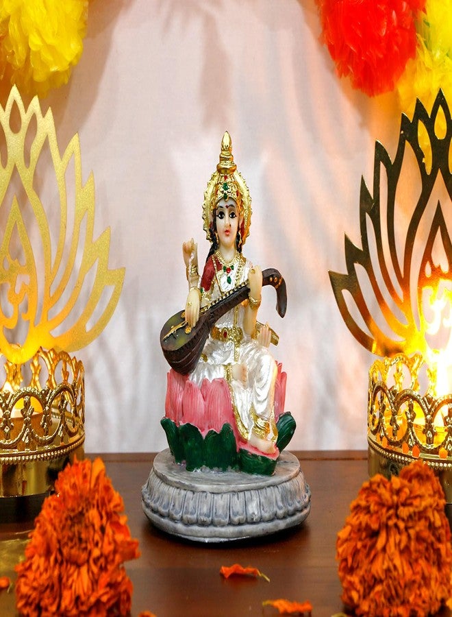 BangBangDa Small Saraswati for Car Dashboard - 3.9" H Lord Saraswati Statue for Vehicle Decor Polystone Indian God Birthday Diwali Father’s Day for Indian People Friend Altar Pooja - Image 5