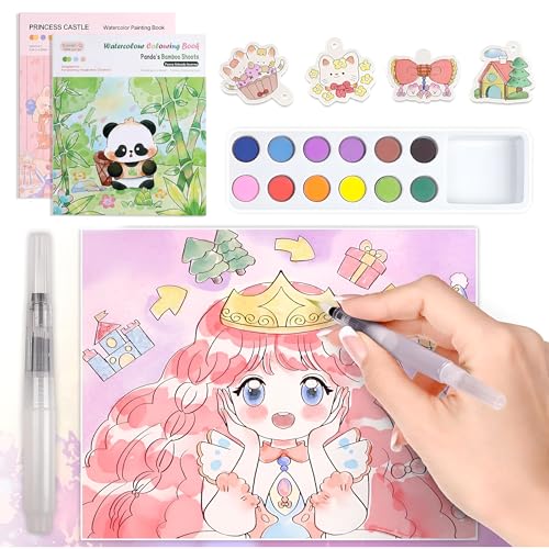 Toyshine Pack of 2 Cartoon Print Watercolor Painting Books Inbuilt with Brush &12Pc Color kit for Beginning Artist Students Birthday Return Gifts Party Favors Educational Learning Kits for kids 3+ - Image 1