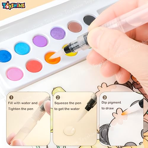 Toyshine Pack of 2 Cartoon Print Watercolor Painting Books Inbuilt with Brush &12Pc Color kit for Beginning Artist Students Birthday Return Gifts Party Favors Educational Learning Kits for kids 3+ - Image 2