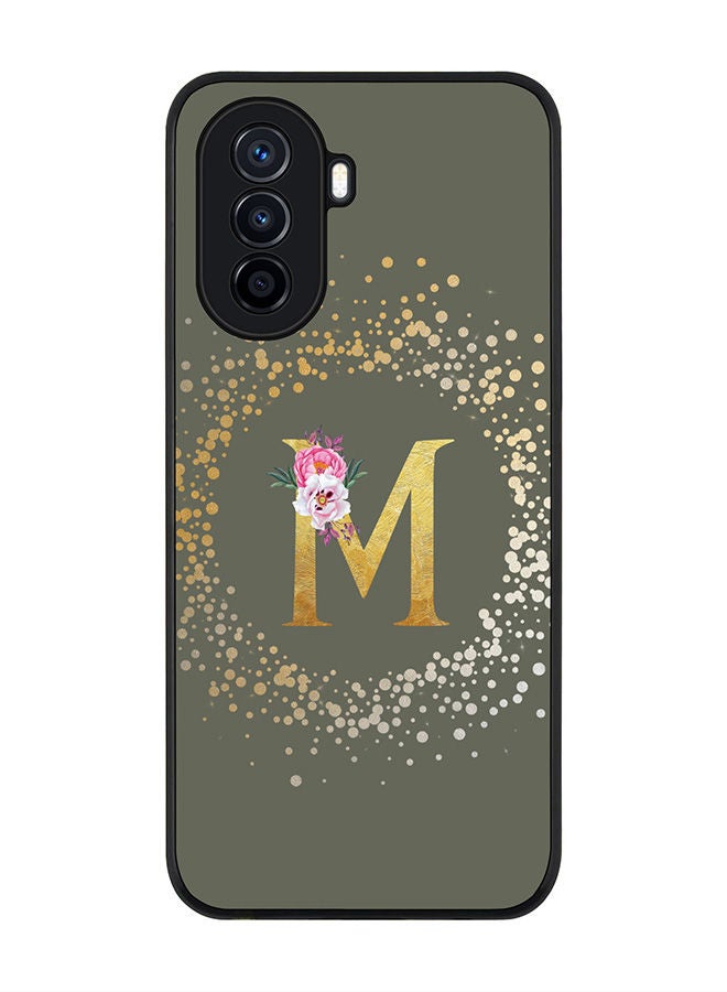 Stylizedd Rugged Black edge case for Huawei Nova Y70  Slim fit Soft Case Flexible Rubber Edges Anti Drop TPU Gel Thin Cover - Custom Monogram Initial Letter Floral Pattern Alphabet - M (Olive Green ) - Image 1