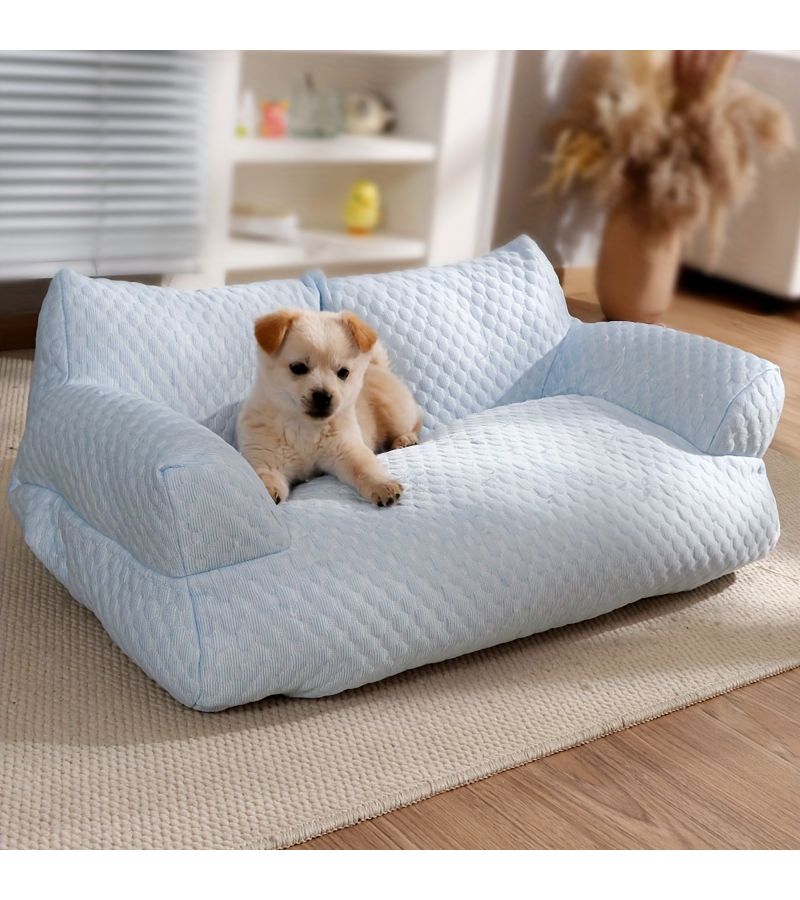 Blue XL Cat Sofa Bed All Season Removable Washable Pet Couch Ice Silky Fiber Fabric Cushion for Summer Dog Sleeping - Image 2