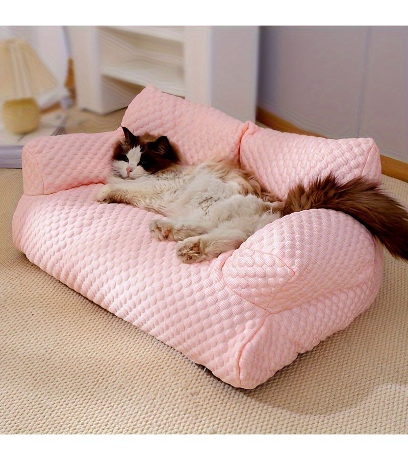 Blue XL Cat Sofa Bed All Season Removable Washable Pet Couch Ice Silky Fiber Fabric Cushion for Summer Dog Sleeping - Image 1