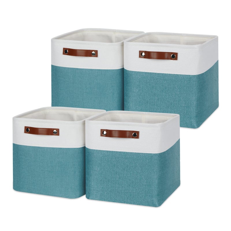Temary 11 Inch Cube Storage Bins Cubes Storage Baskets 4 Pack Fabric Baskets for Gift Empty Collapsable Fabric Storage Cubes Basket for Storage clothes Teal Storage Bins for Shelves WhiteTeal