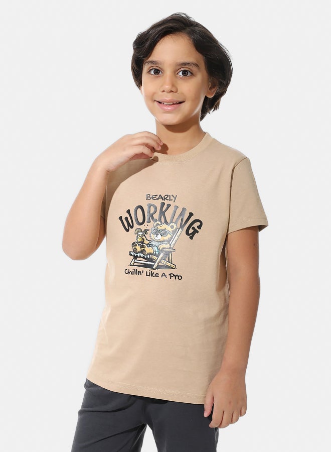 Andora Short Sleeves Printed Beige T-Shirts_Beige - Image 1