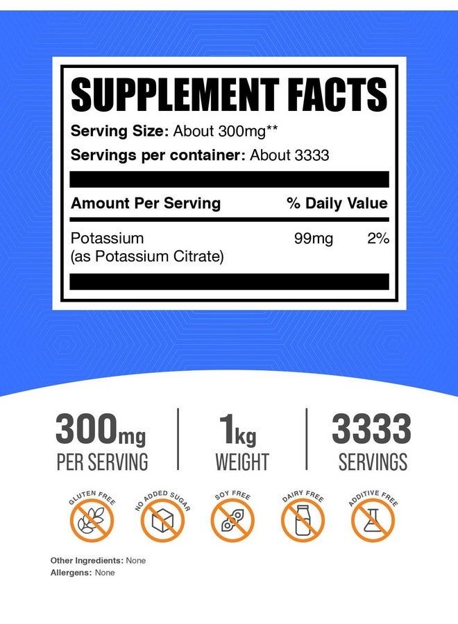 BulkSupplements.com Potassium Citrate Powder - Potassium Citrate Supplement, Potassium Powder, Potassium 99mg - Gluten Free, 300mg per Serving, 1kg (2.2 lbs) (Pack of 1) - Image 2