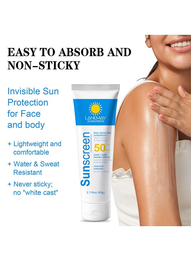 LANEMAY Sunscream SPF 50+++,20% Zinc Oxide Sunscream,Waterproof Face Moisturiser,Refreshing & No Greasy Sunscreen UV Defense For All Skin Types,Sun Lotion Suncream For Travel 60g - Image 5