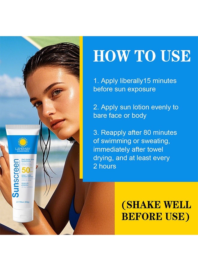 LANEMAY Sunscream SPF 50+++,20% Zinc Oxide Sunscream,Waterproof Face Moisturiser,Refreshing & No Greasy Sunscreen UV Defense For All Skin Types,Sun Lotion Suncream For Travel 60g - Image 4