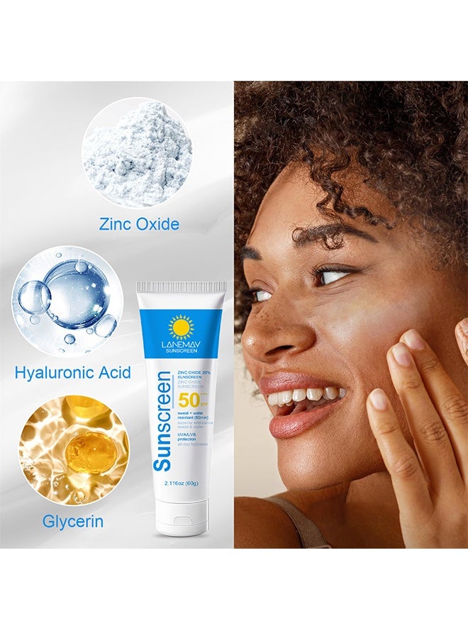 LANEMAY Sunscream SPF 50+++,20% Zinc Oxide Sunscream,Waterproof Face Moisturiser,Refreshing & No Greasy Sunscreen UV Defense For All Skin Types,Sun Lotion Suncream For Travel 60g - Image 3