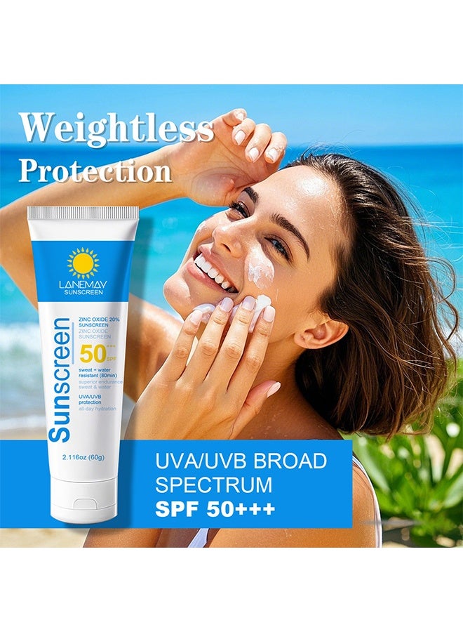 LANEMAY Sunscream SPF 50+++,20% Zinc Oxide Sunscream,Waterproof Face Moisturiser,Refreshing & No Greasy Sunscreen UV Defense For All Skin Types,Sun Lotion Suncream For Travel 60g - Image 1