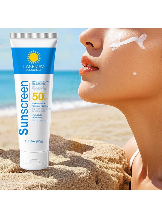 LANEMAY Sunscream SPF 50+++,20% Zinc Oxide Sunscream,Waterproof Face Moisturiser,Refreshing & No Greasy Sunscreen UV Defense For All Skin Types,Sun Lotion Suncream For Travel 60g - Image 2