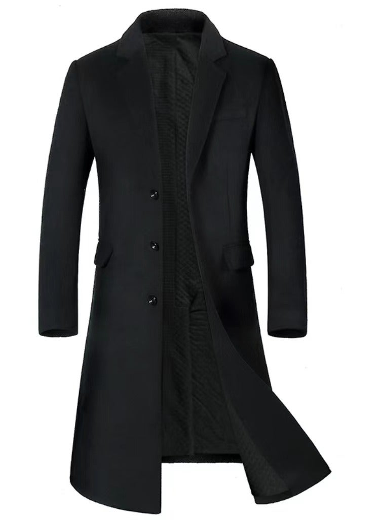 Loquat Men's Thick Woolen Casual Trench Coat Slim Fit Suit Collar Long Jacket Overcoat with Pockets Black  - Image 1