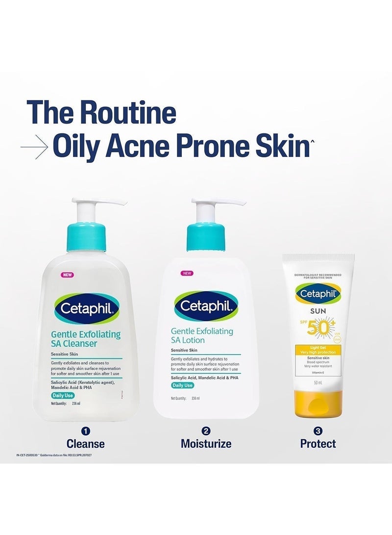 Cetaphil حزمة نظام العناية بالبشرة المعرضة لحب الشباب الدهني بخطوات 3: منظف SA مقشر لطيف (236 مل)، لوشن SA (236 مل) & جل واقي من الشمس SPF 50+ (100 مل) | يقشر بلطف، يرطب ويحمي | مع حمض الساليسيليك (BHA)، حمض الماندليك (AHA) & غلوكونولاكتون (PHA) | لجميع أنواع البشرة، بما في ذلك البشرة الدهنية والحساسة | موصى به من قبل أطباء الجلد. - Image 2