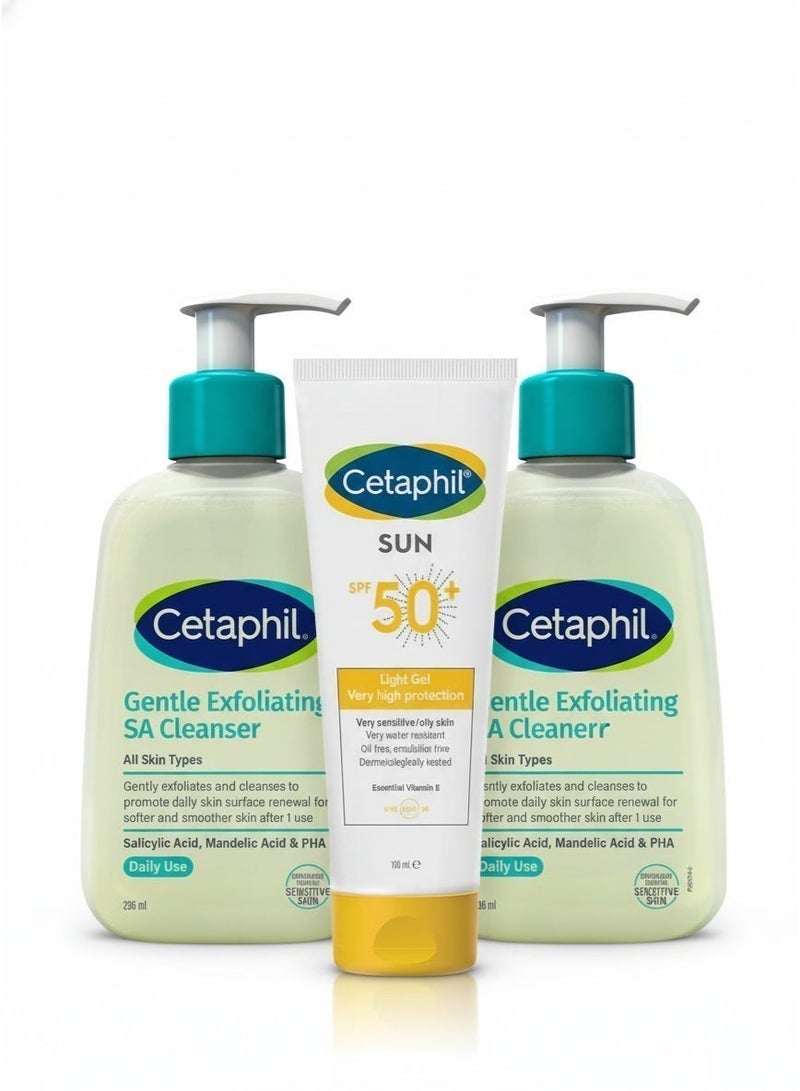 Cetaphil حزمة نظام العناية بالبشرة المعرضة لحب الشباب الدهني بخطوات 3: منظف SA مقشر لطيف (236 مل)، لوشن SA (236 مل) & جل واقي من الشمس SPF 50+ (100 مل) | يقشر بلطف، يرطب ويحمي | مع حمض الساليسيليك (BHA)، حمض الماندليك (AHA) & غلوكونولاكتون (PHA) | لجميع أنواع البشرة، بما في ذلك البشرة الدهنية والحساسة | موصى به من قبل أطباء الجلد. - Image 1