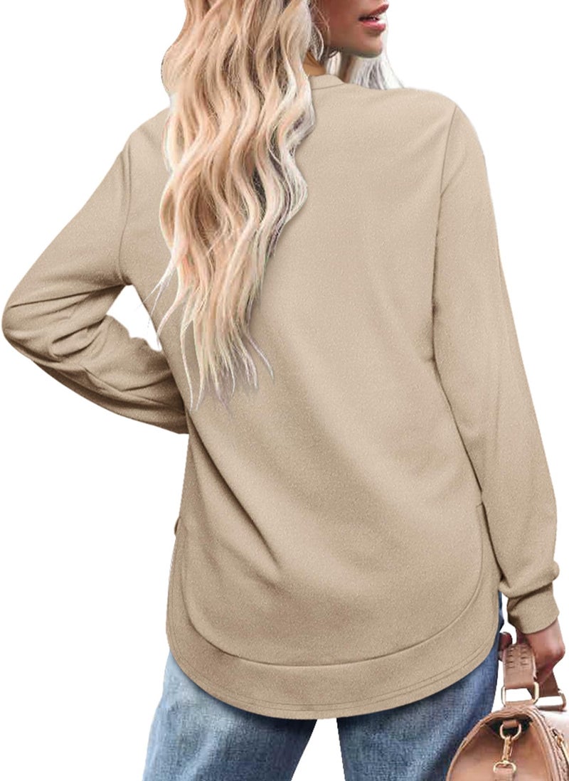 OFEEFAN Long Sleeve Shirts for Women Tunic Sweatshirts Women's Winter Clothing Womens Tops And Blouses Tops for Teachers boho tops Beige L - Image 4