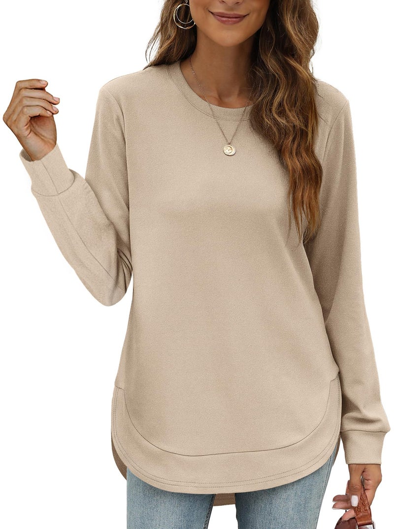OFEEFAN Long Sleeve Shirts for Women Tunic Sweatshirts Women's Winter Clothing Womens Tops And Blouses Tops for Teachers boho tops Beige L - Image 1