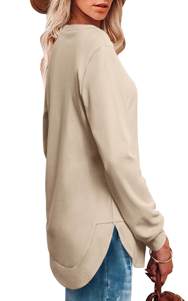 OFEEFAN Long Sleeve Shirts for Women Tunic Sweatshirts Women's Winter Clothing Womens Tops And Blouses Tops for Teachers boho tops Beige L - Image 3