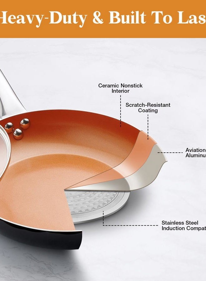 KOCH SYSTEME CS 10" Copper Nonstick Frying Pans with Lids - CSK Nonstick Copper Frying Pan with Titanium Ceramic Interior, 100% PFOA-Free Saute Pan/Skillet for All Stove Tops, Stainless Handle, Omelet Pan Cookware - Image 3