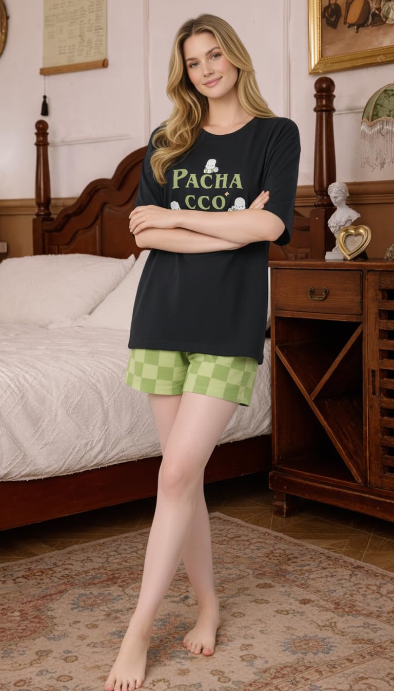 Celary Korean Women Cotton Blend Night Suit Set | Half Sleeve Printed T-Shirt & Shorts Co-Ord Set - Image 2