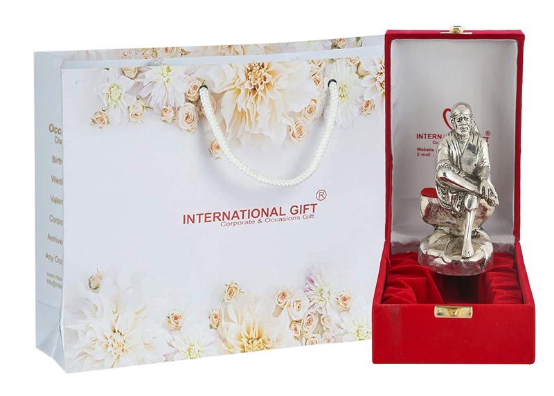 INTERNATIONAL GIFT® Silver Plated Oxidized Finish Sai Baba Idol with Luxury Velvet Box with Beautiful Carry Bag (16 cm X 7 cm X 5.5 cm) - Image 1