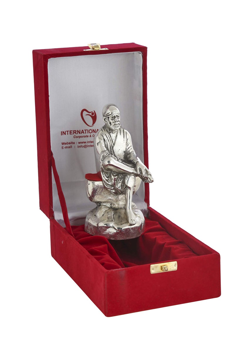 INTERNATIONAL GIFT® Silver Plated Oxidized Finish Sai Baba Idol with Luxury Velvet Box with Beautiful Carry Bag (16 cm X 7 cm X 5.5 cm) - Image 3
