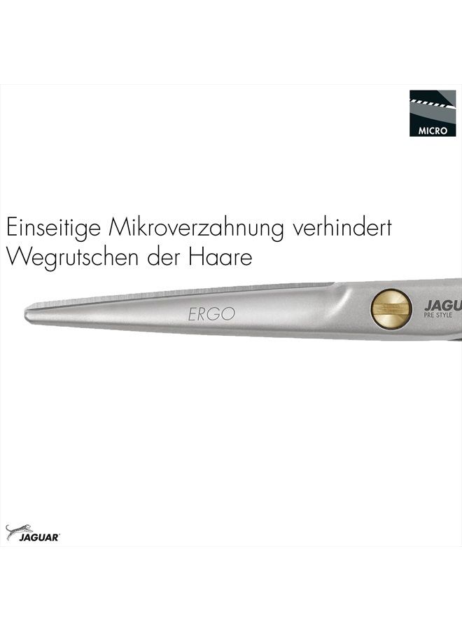 JAGUAR مقص تصفيف الشعر Jaguar Pre Style Ergo مقاس 6.0 بوصة من الفولاذ المقاوم للصدأ لقص الشعر وتقليمه لمصففي الشعر والحلاقين، بمظهر نهائي ساتان، تصميم كلاسيكي، صنع في ألمانيا - Image 5