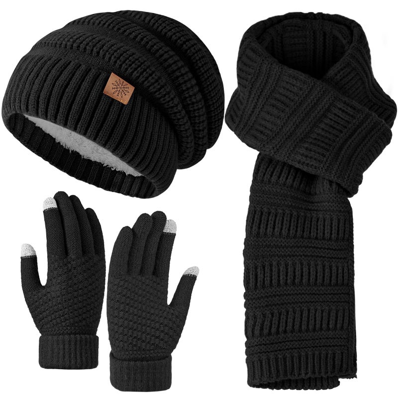 Pleneal Winter Womens Beanie Hat Scarf Gloves Set, Slouchy Beanie Knit Scarf Touchscreen Gloves Warm 3 Gift Set - Image 1