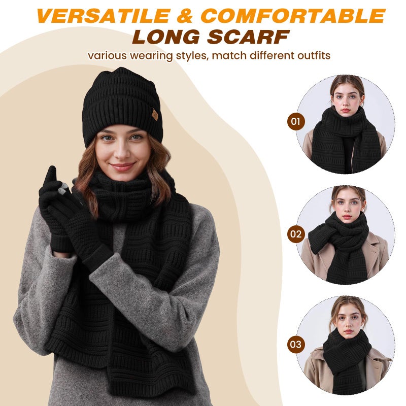 Pleneal Winter Womens Beanie Hat Scarf Gloves Set, Slouchy Beanie Knit Scarf Touchscreen Gloves Warm 3 Gift Set - Image 5