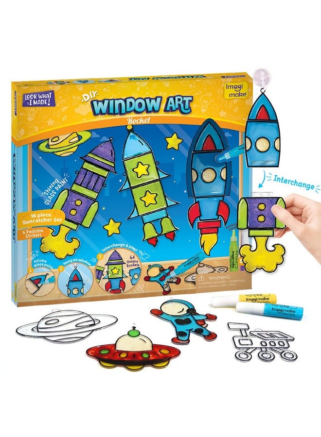 إيماجيميك مجموعة لوحات زجاجية مكونة من 16 قطعة من Imagimake Window Art - Rocket - تصميمات رائد فضاء، مركبة فضائية، فضاء - مجموعة حرفية للأولاد والبنات من سن 5 سنوات فما فوق، متعددة الألوان - Image 1