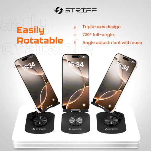 STRIFF mobSpin 360° Rotating Metal Phone Stand, Foldable Mobile Holder with Adjustable Height & Angle, Stable Round Base, Thick Case Friendly, for Smartphones, Tablets, Kindles & iPads – Black - Image 4