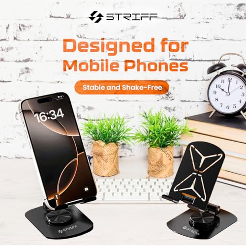 STRIFF mobSpin 360° Rotating Metal Phone Stand, Foldable Mobile Holder with Adjustable Height & Angle, Stable Round Base, Thick Case Friendly, for Smartphones, Tablets, Kindles & iPads – Black - Image 2