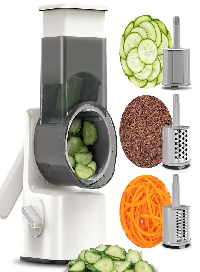 Maxceysen Safe Vegetable Mandoline Slicer Large Multifunctional Rotary Cheese Grater Hand Crank Easy Rotating Veggie Shredder Anti-Cutting, 3 Interchangeable Blades (WhiteGrey) - Image 1