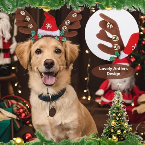 Qpets® Dog Christmas Headband, Elk Horn Dog Headband with Santa Hat & Adjustable Chin Strap, Lovely Cartoon Santa Claus Hat Xmas Party Accessories with Bell Festive Photo Prop for Dogs & Cats - Image 5