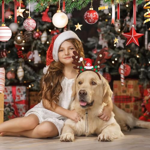 Qpets® Dog Christmas Headband, Elk Horn Dog Headband with Santa Hat & Adjustable Chin Strap, Lovely Cartoon Santa Claus Hat Xmas Party Accessories with Bell Festive Photo Prop for Dogs & Cats - Image 4