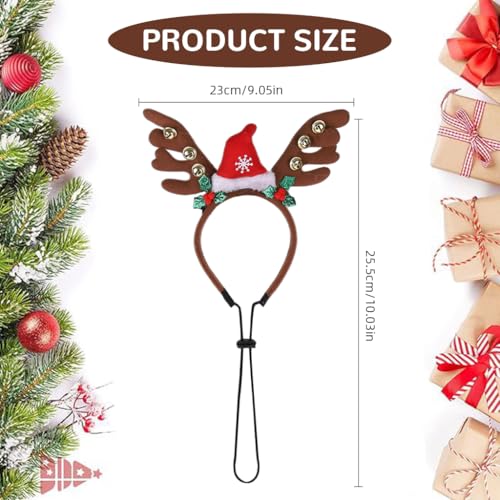 Qpets® Dog Christmas Headband, Elk Horn Dog Headband with Santa Hat & Adjustable Chin Strap, Lovely Cartoon Santa Claus Hat Xmas Party Accessories with Bell Festive Photo Prop for Dogs & Cats - Image 2