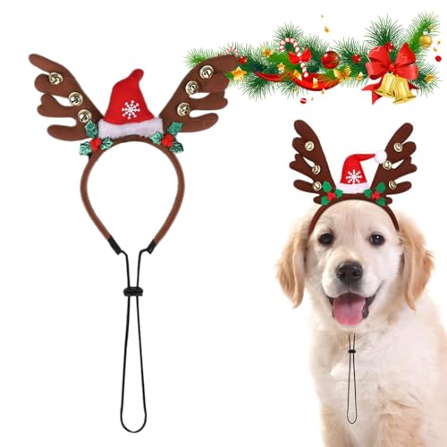 Qpets® Dog Christmas Headband, Elk Horn Dog Headband with Santa Hat & Adjustable Chin Strap, Lovely Cartoon Santa Claus Hat Xmas Party Accessories with Bell Festive Photo Prop for Dogs & Cats - Image 1